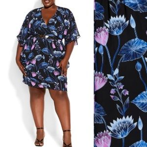 City Chic Wrap Vine Mini Flutter Sleeve Belted Dress: Black Waterlily Vine